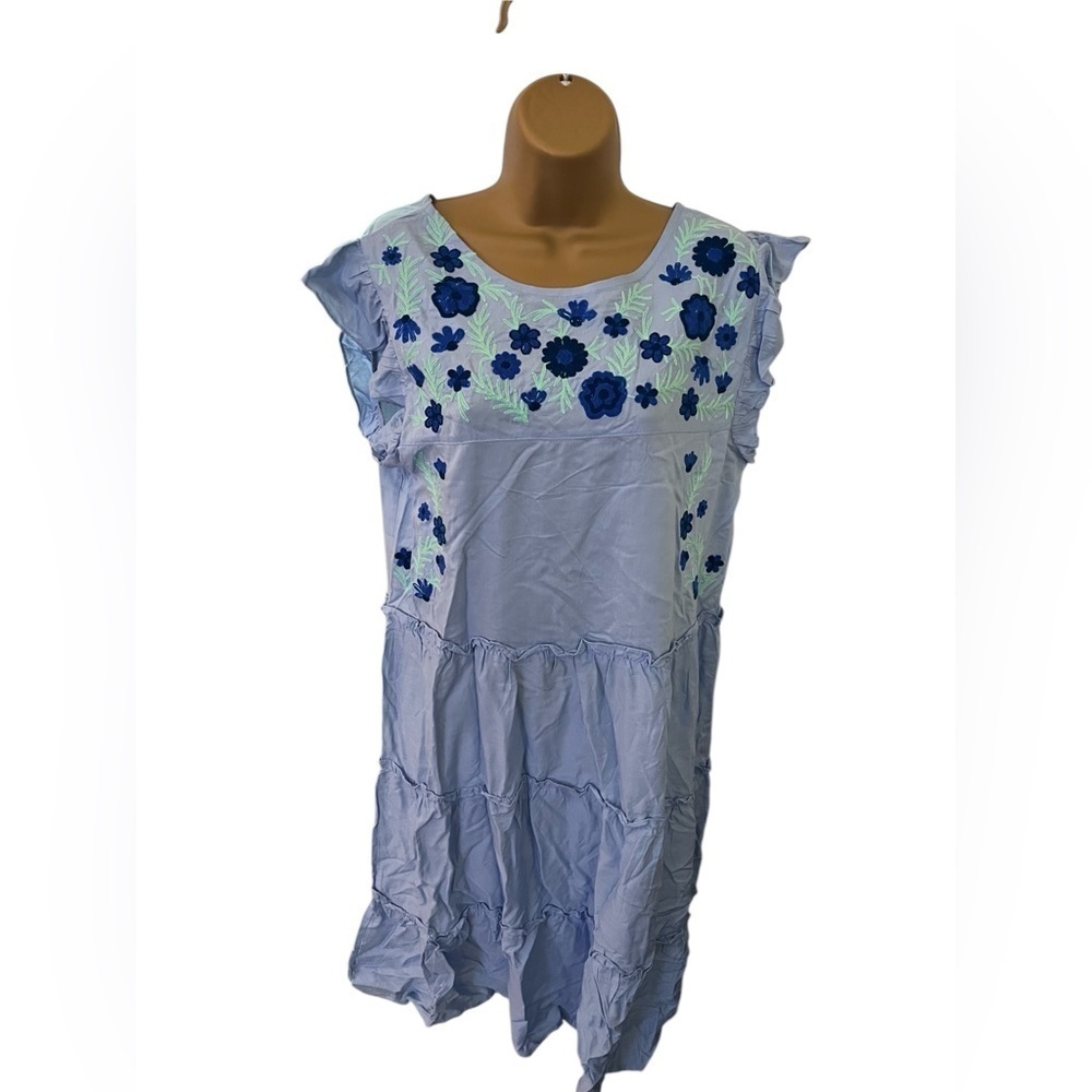 Gaby & Gracie Embroidered Boho Peasant Midi Dress S Flutter Sleeve Tiered Blue